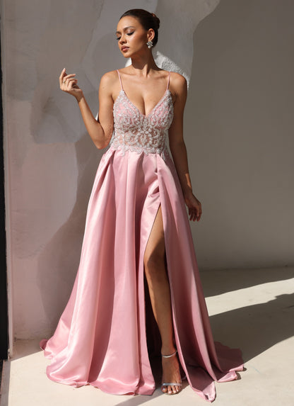 A Line Prom Dress Spaghetti Straps Formal Sequins Dresses Floor Length Satin Side Split Appliques