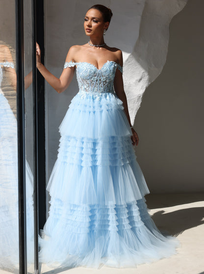 A-Line/Princess Prom Dress Short Sleeves Tulle Layered Formal Gowns Long Dresses With Split Side Appliques