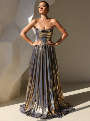 A-Line/Princess Evening Dress Strapless Formal Prom Long Pleated Dresses With Split Side