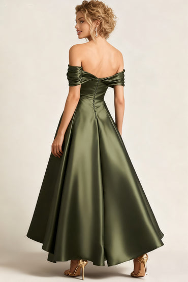 A Line Cocktail Dress Satin Party Dress Ruched Off the Shoulder Ruched Formal Elegant Dress Ankle Length With Pocket