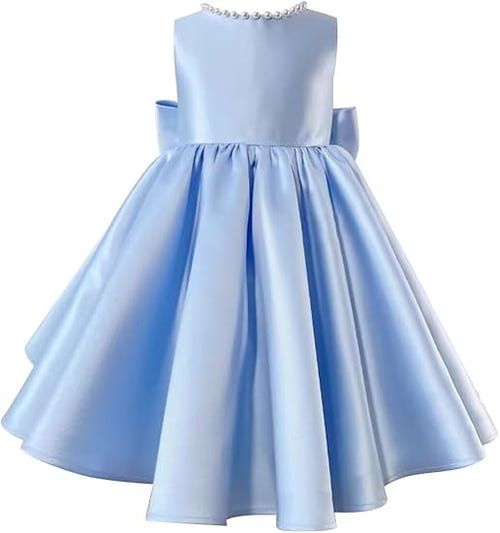 A-Line/Princess Little Girl Dresses Scoop Neckline Knee Length Pearl-Embellished Collar  Elegant Satin Girl Dress with Bowknot
