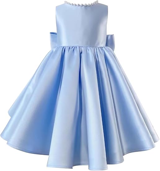 A-Line/Princess Little Girl Dresses Scoop Neckline Knee Length Pearl-Embellished Collar  Elegant Satin Girl Dress with Bowknot
