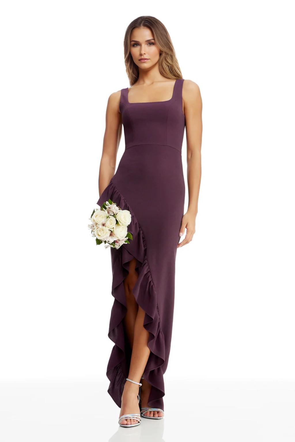 Sheath/Column Spandex Bridesmaid Dresses Floor-Length Square Neck Sleeveless With Side Silt &Ruffle