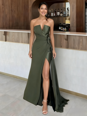 Sheath/Column Evening Dress Off The Shoulder Sleeveless Floor-Length High Side Split&Pleats Convertible Formal Dress