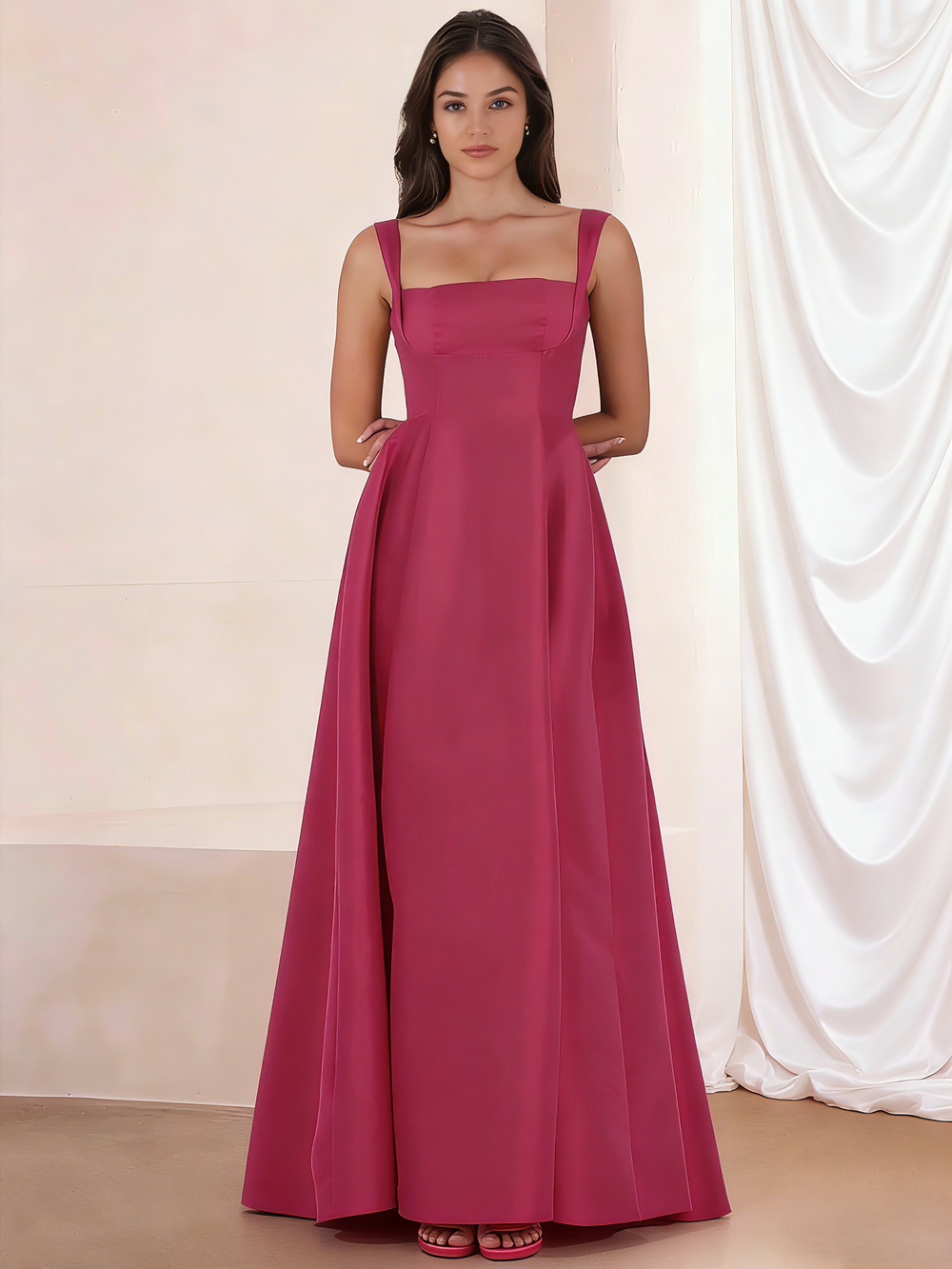 A-Line/Princess Square Neck Sleeveless Floor-Length Elegant Satin Prom Dresses