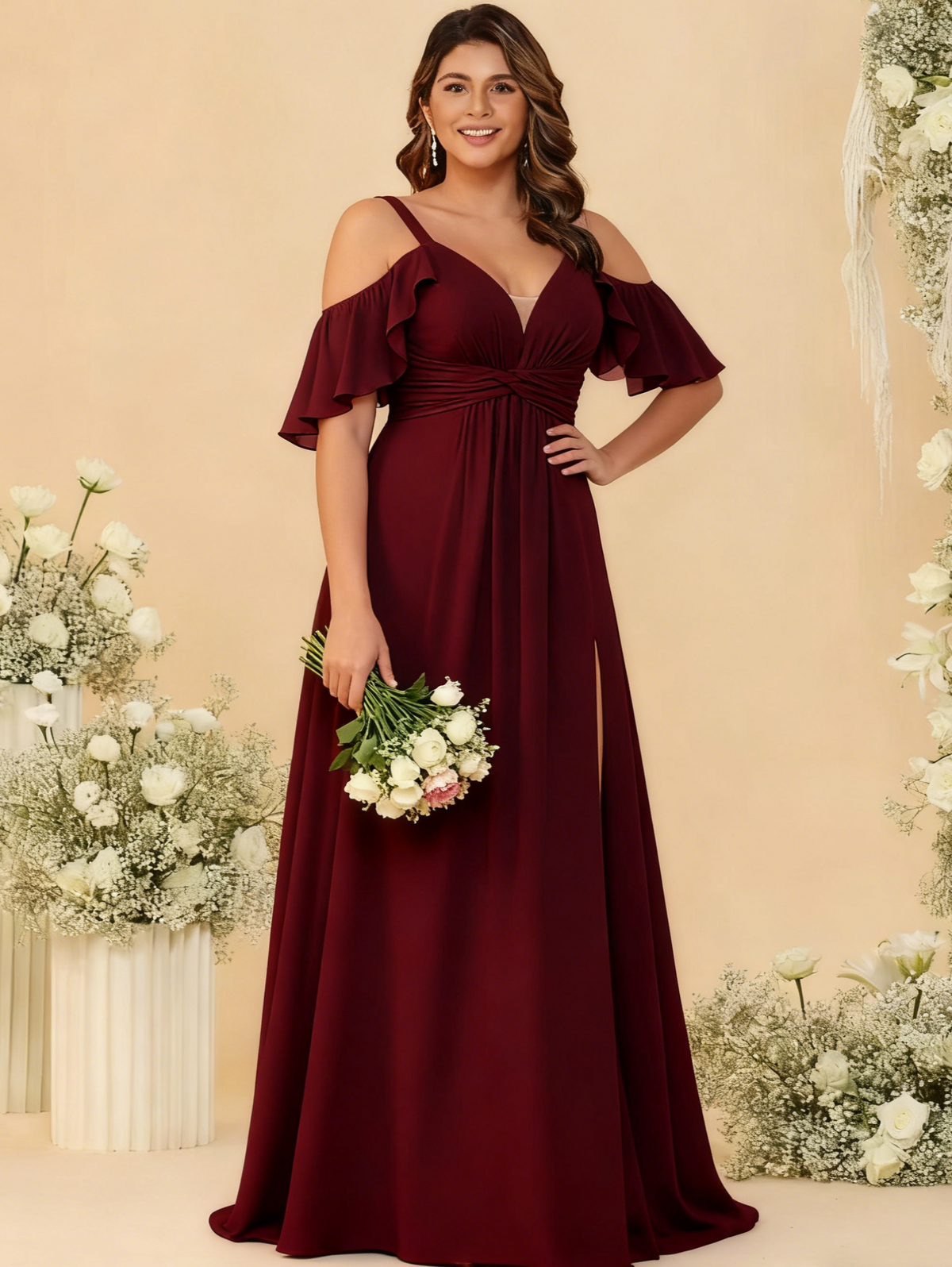 A Line/Princess Off-the-Shoulder Floor-Length Bridesmaid Dresses with Ruched Side Split