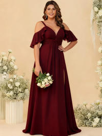 A Line/Princess Off-the-Shoulder Floor-Length Bridesmaid Dresses with Ruched Side Split
