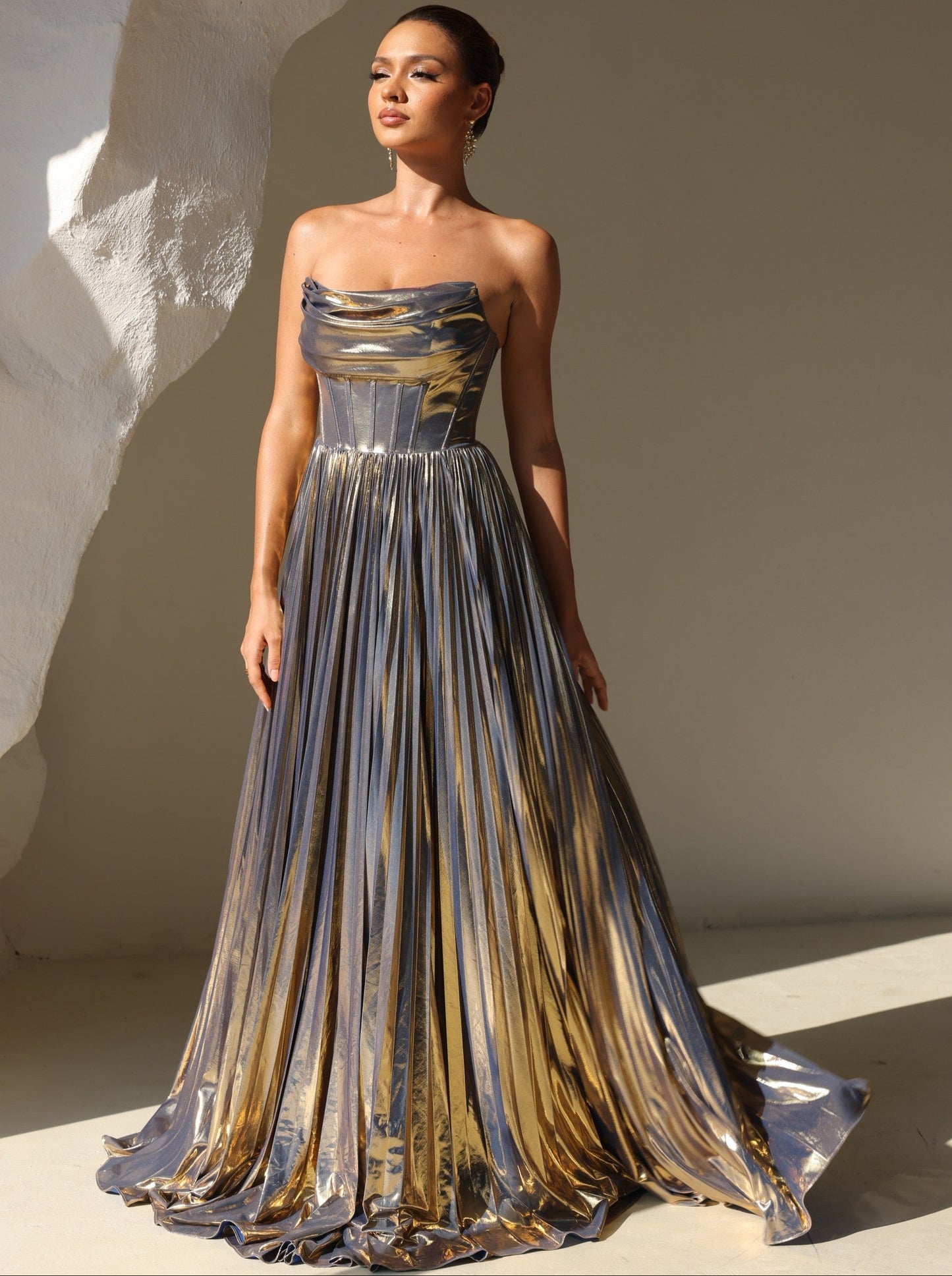 A-Line/Princess Evening Dress Strapless Formal Prom Long Pleated Dresses With Split Side