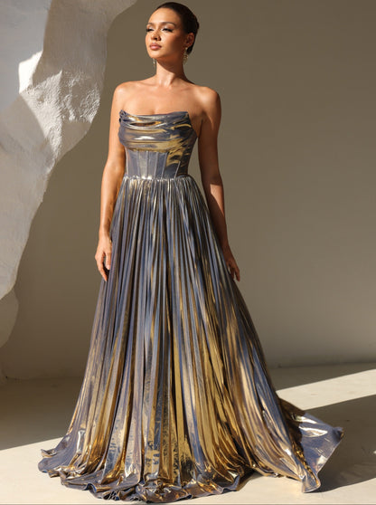 A-Line/Princess Evening Dress Strapless Formal Prom Long Pleated Dresses With Split Side