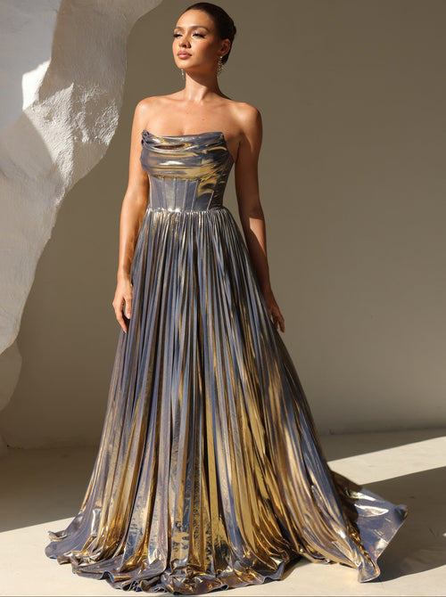 A-Line/Princess Evening Dress Strapless Formal Prom Long Pleated Dresses With Split Side