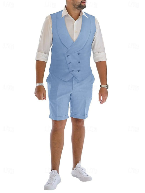男士修身双排六扣两件套亚麻西服