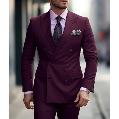 Men's Wedding Suits Prom Peak Grape Purple Daily Business Solid Colored Tailored Fit 2 Piece Double Breasted Six-buttons