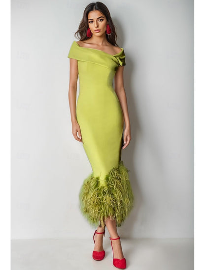 Mermaid Cocktail Party Dress Off The Shoulder Short Sleeves Ankle Length Feather Dress Formal Black Tie