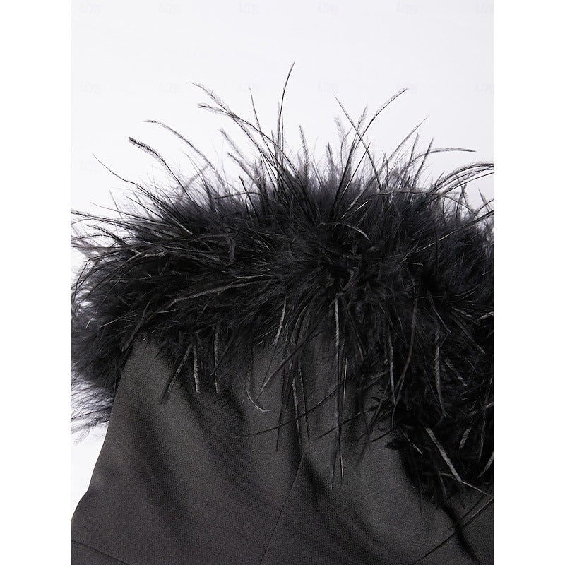 Mermaid Evening Party Dress Off The Shoulder Sleeveless Ankle Length Feather Black Dress Formal Black Tie