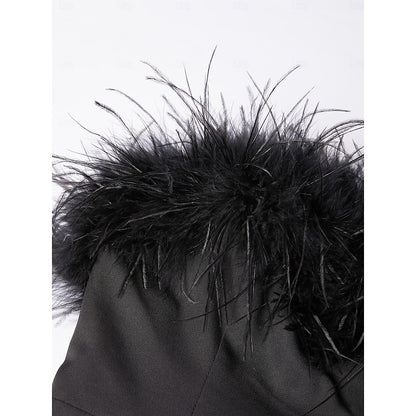 Mermaid Evening Party Dress Off The Shoulder Sleeveless Ankle Length Feather Black Dress Formal Black Tie