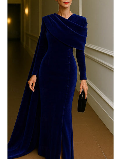 Sheath/Column Evening Gown Elegant Dress Formal Wedding Floor Length Long Sleeve Stand Collar Velvet with Pleats