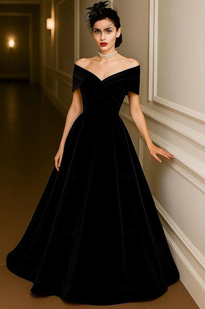 Red Black A-Line Evening Gown Elegant Dress Formal Wedding Floor Length Short Sleeve Off Shoulder Pocket Velvet with Pleats