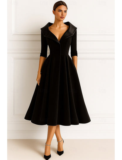 A Line Mother Of The Bride Dress Velvet Formal Dress Long Sleeves Elegant Tea Length Christmas Shirt Collar With Pocket