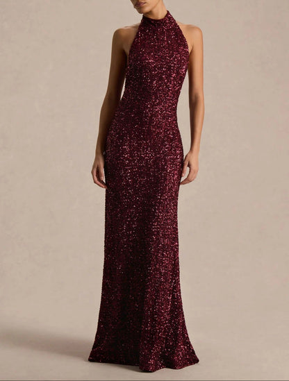 Mermaid Sequins Eveing Dress Formal Halter Neck Sleeveless Floor Length Sparkle Christmas Party
