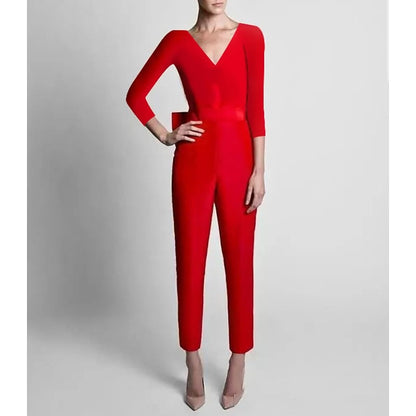 A-Line Mother of the Bride Jumpsuit Formal Evening 3/4 Long Sleeves Floor-Length With Detachable Overskirt Bow Stretchable