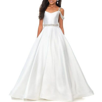 A-Line/Princess Flower Girl Dress Sweep/Brush Train Scoop Neck Juniors Cute Prom Dress Satin with Beading Elegant