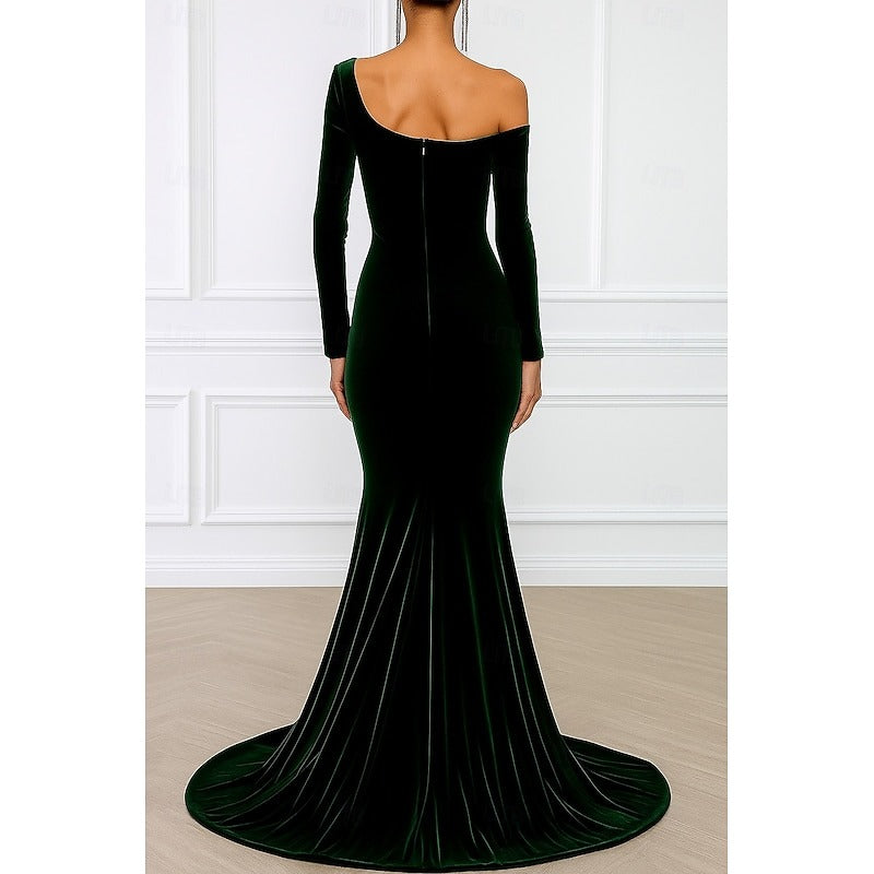 A Line Evening Dress Velvet Formal Black Tie Long Sleeves Elegant Floor Length Christmas Off Shoulder Ruched
