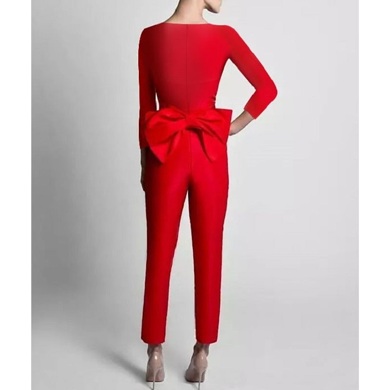 A-Line Mother of the Bride Jumpsuit Formal Evening 3/4 Long Sleeves Floor-Length With Detachable Overskirt Bow Stretchable