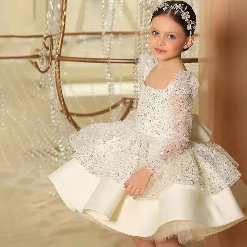 Ball-Gown Flower Girl Dress Square Neck Long Sleeves Knee-Length Satin Party/Birthday Elegant Princess Dresses With Bowknot/Sequin
