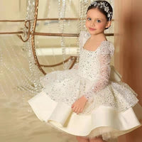 Ball-Gown Flower Girl Dress Square Neck Long Sleeves Knee-Length Satin Party/Birthday Elegant Princess Dresses With Bowknot/Sequin
