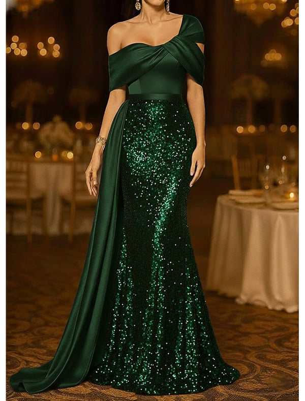 Sequin Mermaid / Trumpet Evening Gown Elegant Formal Dress Formal Wedding Floor Length Sleeveless Off Shoulder Sequined