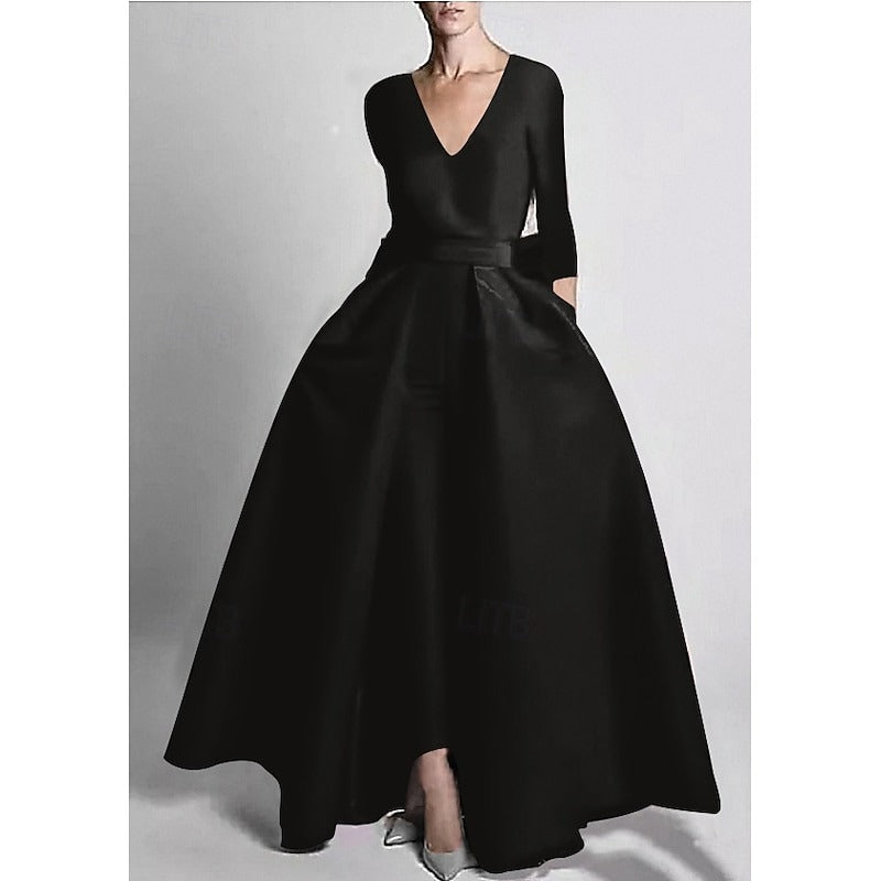 A-Line Mother of the Bride Jumpsuit Formal Evening 3/4 Long Sleeves Floor-Length With Detachable Overskirt Bow Stretchable