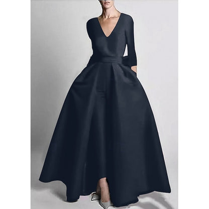 A-Line Mother of the Bride Jumpsuit Formal Evening 3/4 Long Sleeves Floor-Length With Detachable Overskirt Bow Stretchable
