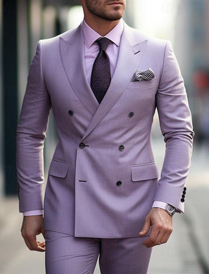 Men's Wedding Suits Prom Peak Grape Purple Daily Business Solid Colored Tailored Fit 2 Piece Double Breasted Six-buttons