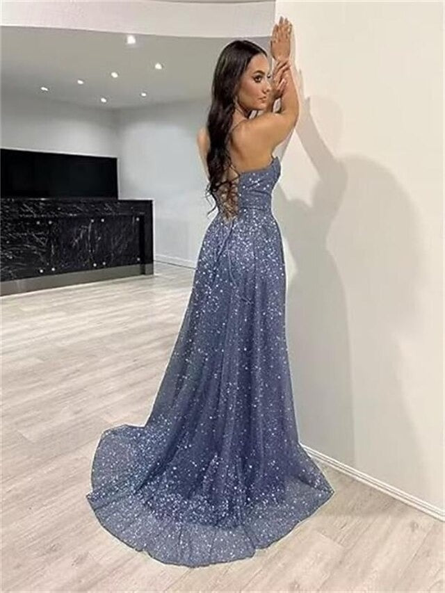 A-Line Gold Prom Dresses Glittering Dress Formal Evening Party Sweep / Brush Train Sleeveless Spaghetti Straps Tulle with Glitter Slit