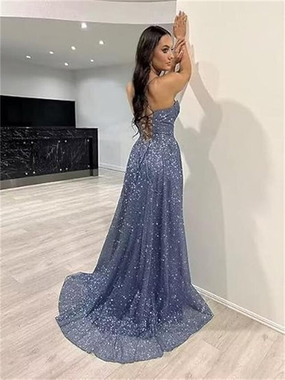 A-Line Gold Prom Dresses Glittering Dress Formal Evening Party Sweep / Brush Train Sleeveless Spaghetti Straps Tulle with Glitter Slit
