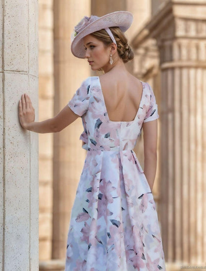 A-Line Mother of the Bride Dress Asymmetrical Ankle Length Floral Cocktail Dress Short Sleeve Bateau Neck Elegant Formal