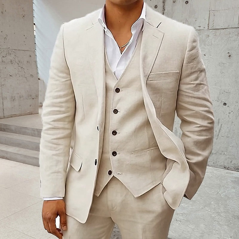 Men's Wedding Linen Suits Notch Solid Colored Slim Fit 3 Piece Single Breasted Two-buttons