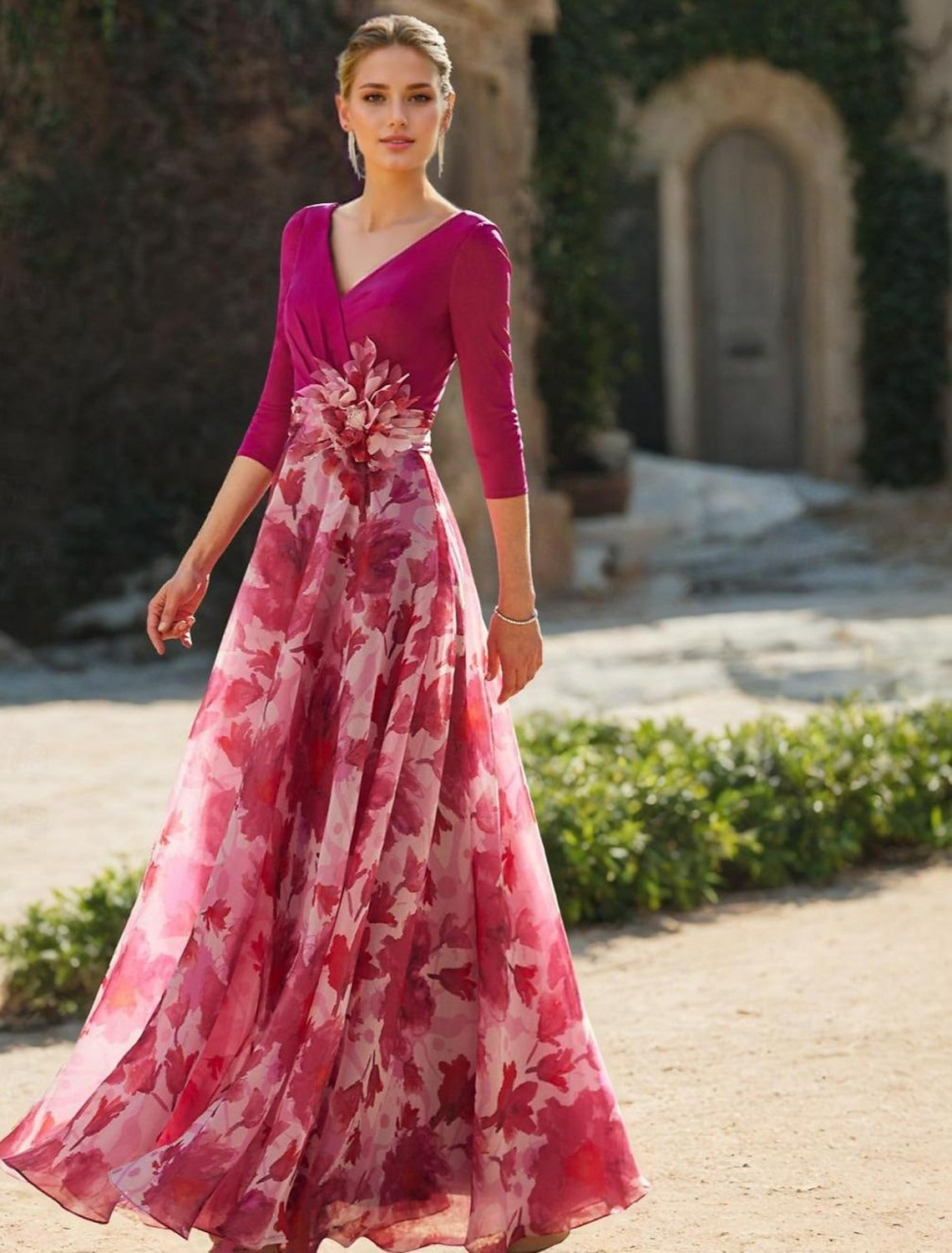 A Line/Princess Mother of the Bride Dresses V-Neck Long Sleeves Floor Length Floral With Flower Ruched