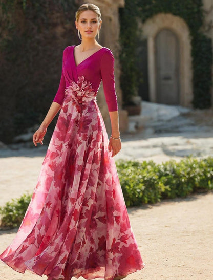 A Line/Princess Mother of the Bride Dresses V-Neck Long Sleeves Floor Length Floral With Flower Ruched