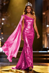 Sequin Mermaid / Trumpet Prom Dress Sparkle Formal Gala Floor Length Sleeveless One Shoulder With Cape