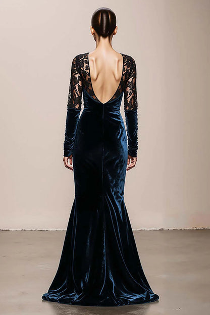 Sheath/Column Velvet  Evening/Formal Dress Floor-Length V-Neck Lace Long Sleeves With Back Zipper