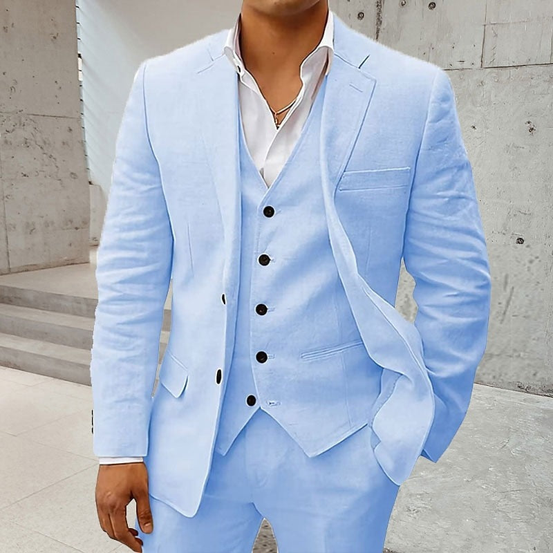 Men's Wedding Linen Suits Notch Solid Colored Slim Fit 3 Piece Single Breasted Two-buttons