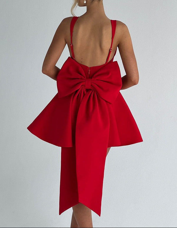 A Line/Princess Christmas Party Dresses Cocktail Short/Mini Spaghetti Straps Sleeveless With Detachable Bow Homecoming