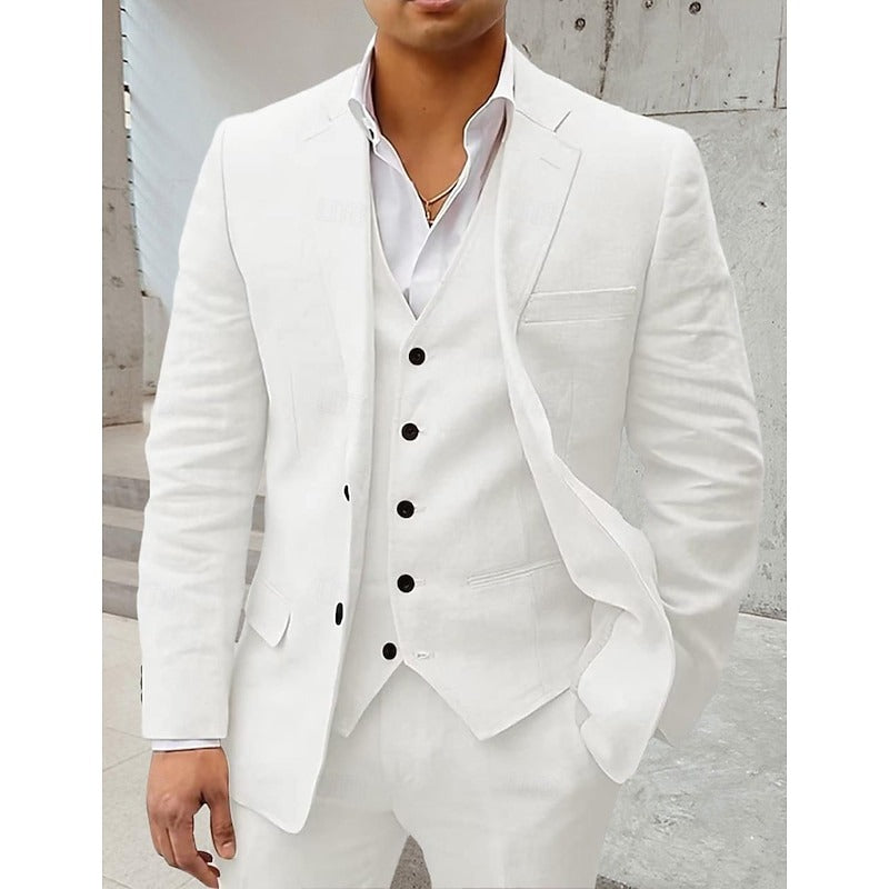 Men's Wedding Linen Suits Notch Solid Colored Slim Fit 3 Piece Single Breasted Two-buttons