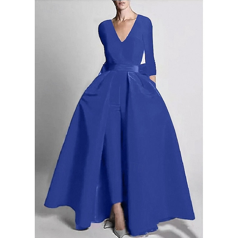 A-Line Mother of the Bride Jumpsuit Formal Evening 3/4 Long Sleeves Floor-Length With Detachable Overskirt Bow Stretchable