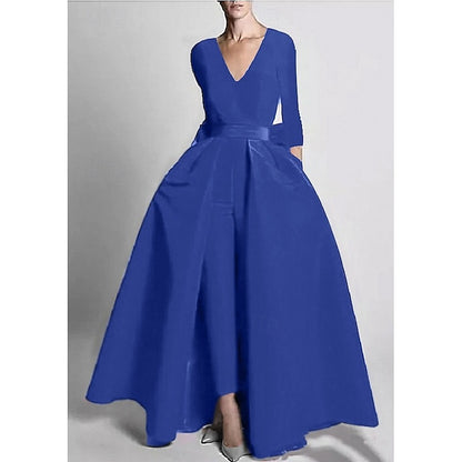 A-Line Mother of the Bride Jumpsuit Formal Evening 3/4 Long Sleeves Floor-Length With Detachable Overskirt Bow Stretchable
