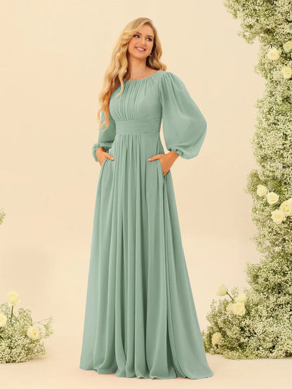A-Line/Princess Scoop Long Sleeves Bridesmaid Dresses with Ruched