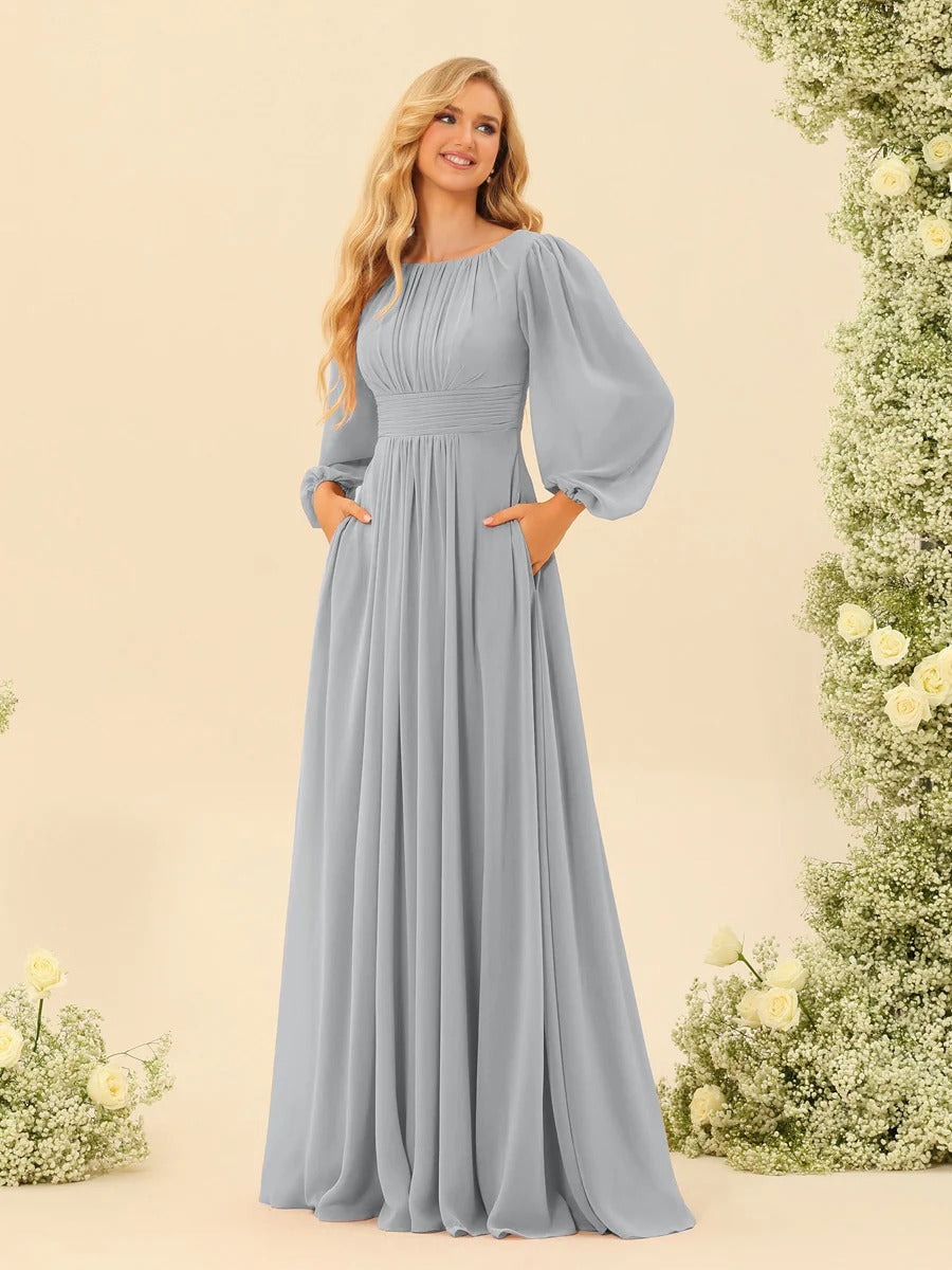Nafori Silver A-Line/Princess Scoop Long Sleeves Bridesmaid Dresses with Ruched 2026