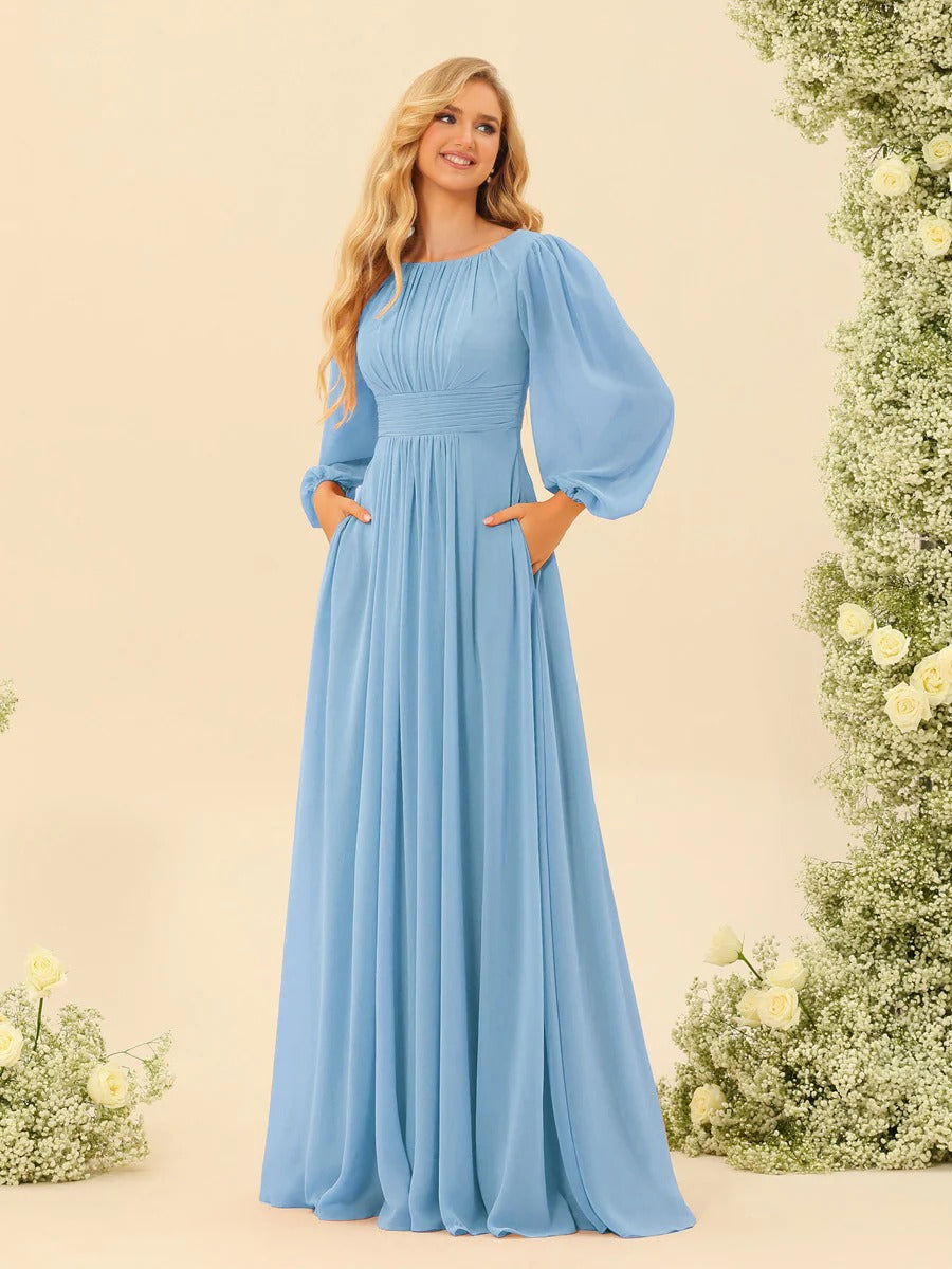 A-Line/Princess Scoop Long Sleeves Bridesmaid Dresses with Ruched