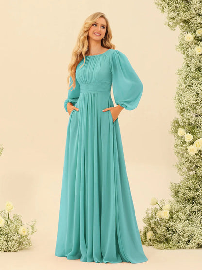 A-Line/Princess Scoop Long Sleeves Bridesmaid Dresses with Ruched